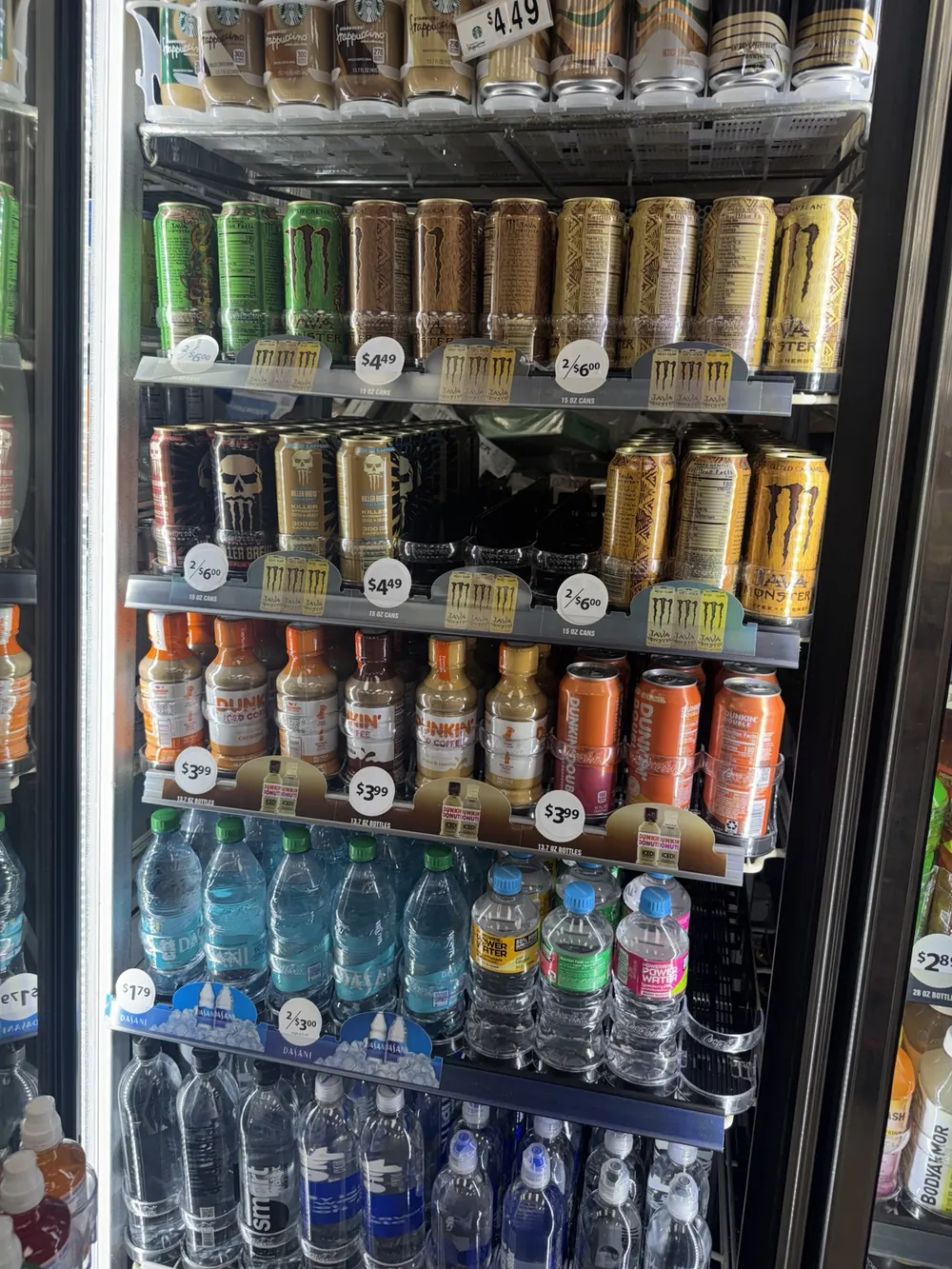 Starbucks, Java Monster, Dunkin' iced coffee, Dasani and smartwater at Jack's