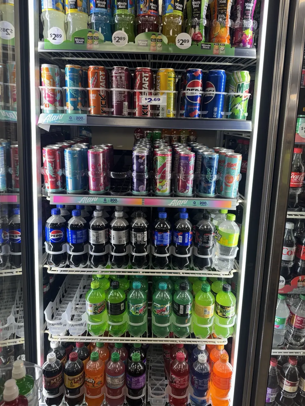 Pepsi, Mountain Dew, Alani Nu and Minute Maid drinks in Jack's cooler