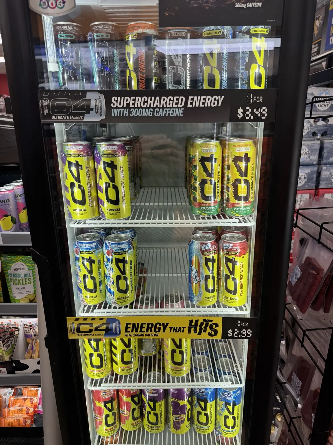C4 energy drink cooler at Jack's Independent Service in Darlington, PA